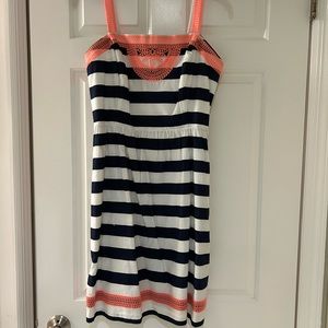 Women’s Vintage Vines nautical striped dress with coral trim.